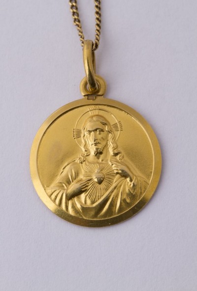18 krt. gouden scapulier medaille aan gouden collier