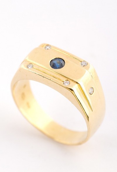 Gouden heren ring met briljant en saffier