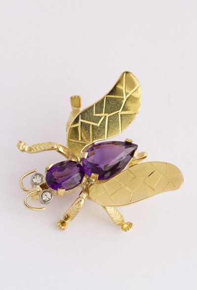 Gouden insecten broche met amethist en diamant