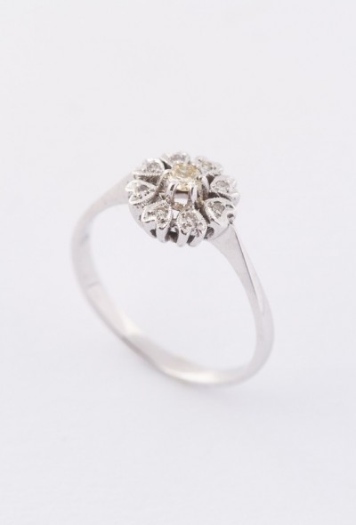 Wit gouden entourage ring met een briljant en 8 diamanten