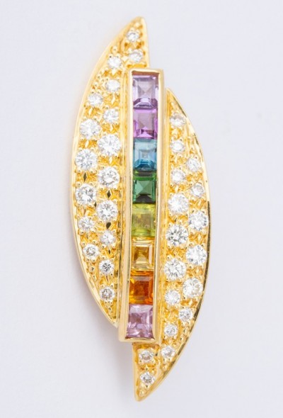 Gouden hanger met diverse edelstenen in regenboogkleuren gezet (chakra), briljanten aan gouden collier