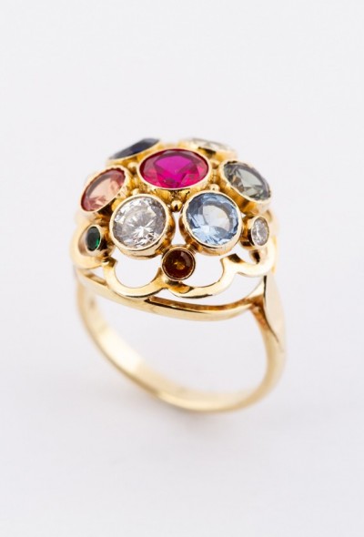 Gouden cocktail ring met diverse synthetische edelstenen