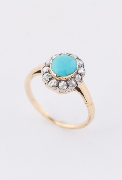 Antieke entourage ring met turkoois en diamanten