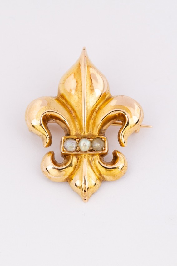 Antieke gouden franse lelie broche met parels