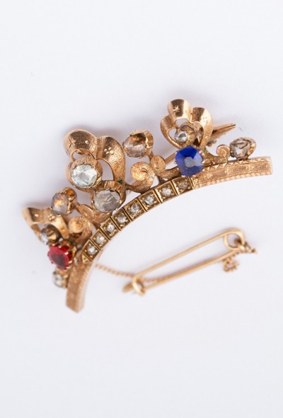Antieke gouden engelse Edwardian kroon broche met diamanten