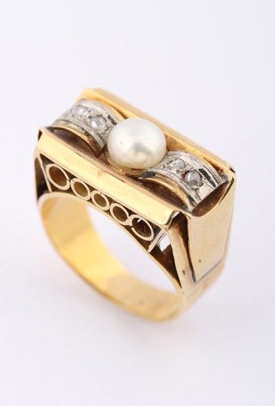 Gouden démodé/retro ring met parel en diamanten